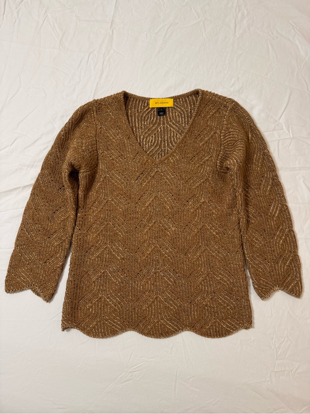 St. John Metallic Knit Wool Blend V-Neck Sweater Small Petite Old Money Chic